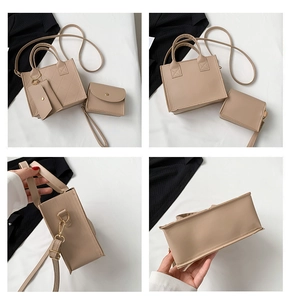 Detail view of apricot quilted PU leather tote bag set with detachable shoulder strap