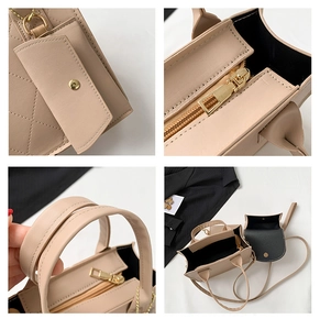 Detail collage of beige quilted handbag showing gold zipper, handle, and inner lining