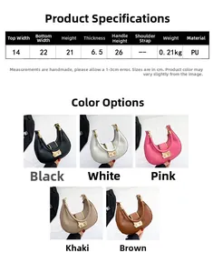 Detailed size chart and multi-color view of minimalist PU leather crescent hobo bag