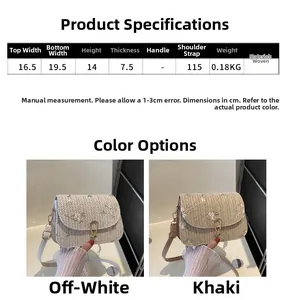 Detailed size specifications for woven crossbody bag with cream and khaki embroidery