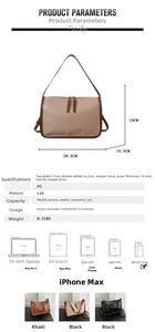 Detailed spec chart for the PU pillow bag showing size, capacity and color options