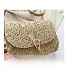 Macro detail of straw woven bag featuring floral embroidery and a golden metal clasp