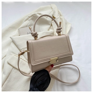 Detailed macro view of the beige crocodile embossed texture and golden metal square lock buckle