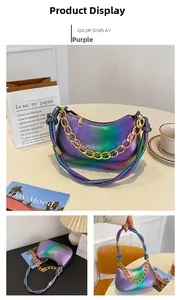Detail of gradient purple mini square bag with gold chain and snake skin texture