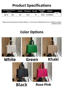 Size guide for V-quilted faux leather tote bag with dimensions and five color options