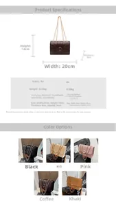 Detailed size chart and specifications for the quilted chain shoulder bag in five colors