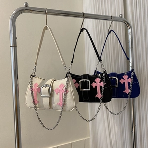 Gothic Y2K Underarm Bag Canvas Shoulder Bag With Pink Cross Patches Silver Chain Buckle For Women Streetwear