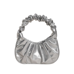 Chic silver metallic ruched cloud bag with pleated handle for a modern stylish look