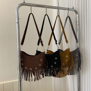 Tassel Crossbody Bag Women Faux Suede Half Moon Shoulder Bag Bohemian Fringe Vintage Metal Grommets Adjustable Strap