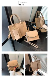 Detailed close-up of khaki quilted 3-piece bag set with tote, crossbody, and small pouch