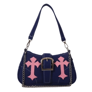 Minimalist Y2K navy canvas underarm bag with pink cross appliques and silver buckle
