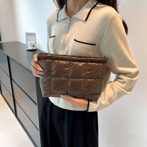 Coffee brown quilted handbag with square pattern stitching and glossy satin finish