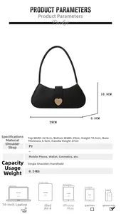Detailed size chart of black heart-buckle underarm bag with capacity guide and dimensions