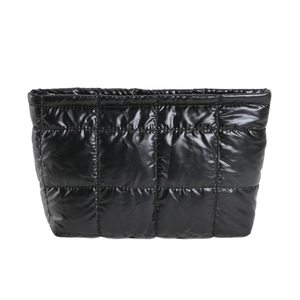 Glossy black quilted crossbody bag featuring puffer style fabric and embroidery detailing