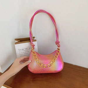 Gradient pink shoulder bag with metallic texture, cracked PU leather and gold chain