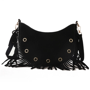 Retro black suede crescent moon crossbody bag with fringe tassels and gold eyelets