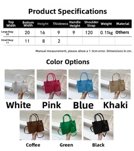 Tableau des tailles avec dimensions des grands et petits sacs en feutre en sept couleurs