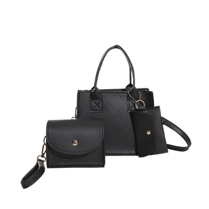 3-piece black quilted PU leather handbag set with tote, crossbody bag, and card holder