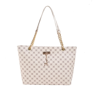 Classic monogram tote bag with beige diamond pattern and elegant gold chain handles
