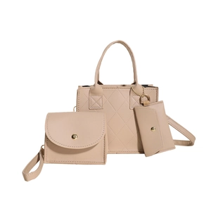 3-piece women's handbag set in beige PU leather with diamond quilted pattern and gold hardware