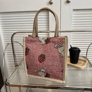Vintage style large capacity tote bag with cute rabbit and strawberry prints