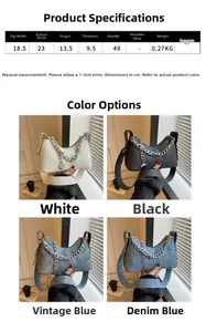 Detailed size specifications and color options for the crescent PU leather hobo shoulder bag