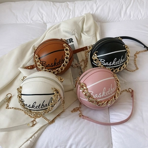 Women PU Leather Basketball Shaped Shoulder Bag With Gold Metal Chain Strap Round Crossbody Handbag Street Style Trend