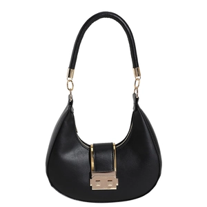 Minimalist black hobo shoulder bag with a large golden buckle and smooth leather texture