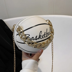 Chic white basketball-shaped round handbag with golden chain handle and art text
