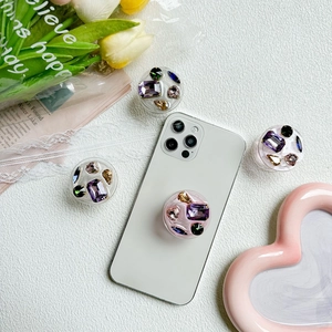Round Pop Socket Mobile Phone Grip Stand With Colorful Rhinestone Crystal Resin Base For Smartphone Desktop Support
