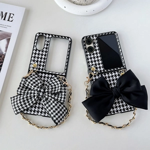 Foldable phone case with houndstooth bow and gold metal chain strap for Z Flip