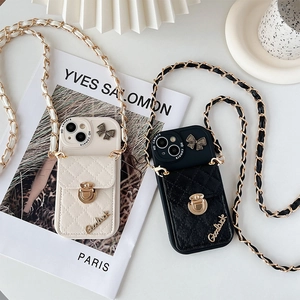 Crossbody wallet case for iPhone 16 Pro Max with gold lock and chain strap in black and white