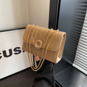 Minimalist beige quilted PU leather crossbody bag with gold chain and round buckle