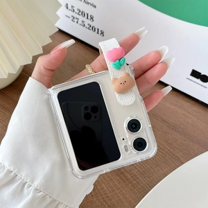 Clear folding case with leather tulip strap and cartoon bear for Oppo Find N2 Flip
