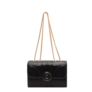 Minimalist black quilted chain shoulder bag with metal buckle on a clean white background