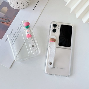 Detail of clear folding phone case with tulip bunny wrist strap for OPPO Find N2 Flip