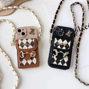 Crossbody iPhone case with card wallet, quilted leather, bear charm and chain strap