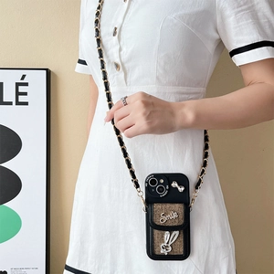 Luxury iPhone crossbody case with brown woven card wallet and rhinestone rabbit design