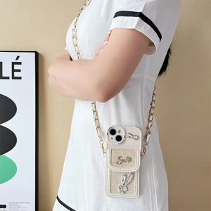 Luxury iPhone crossbody case with rhinestone rabbit, card holder and gold chain strap