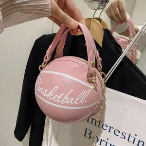 Chic pink basketball shaped handbag with chain strap and litchi texture for women