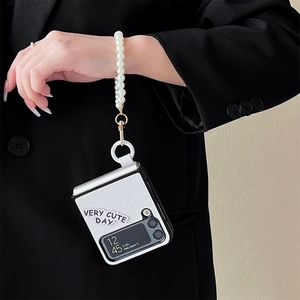 White leather texture case for Samsung Galaxy Z Flip with pearl wrist strap and handle
