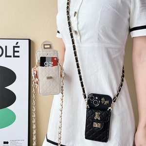 Quilted Leather Crossbody Phone Case Wallet With Chain Strap Metal Bear Bow Decor Elegant For IPhone