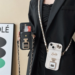 Coque Smartphone Bandoulière En Similicuir Matelassé De Luxe Avec Porte Cartes Miroir Et Chaîne Amovible Pendentif Femme