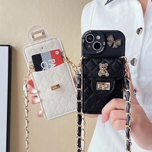 Quilted iPhone crossbody case with bear bow charms, card slots, and chain strap