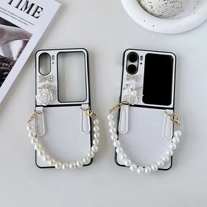 Luxury flip phone case for Z Flip with white floral pearls and sparkling rhinestone bow