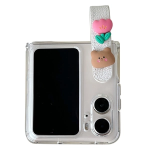Cute tulip floral and bear wristband strap on clear folding phone case for OPPO Find N2 Flip