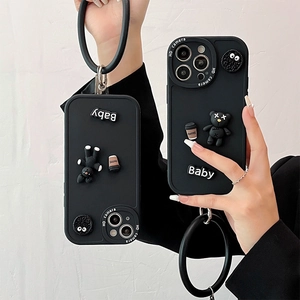 Black iPhone case with 3D cute bear and coffee charms plus a round silicone hand strap