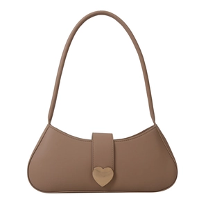 Taupe minimalist baguette shoulder bag with gold heart buckle in high quality finish