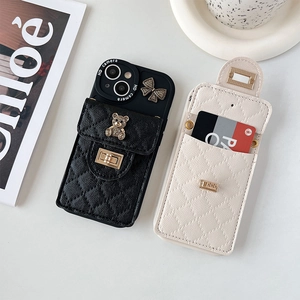 Detailed view of quilted leather phone cases with built-in card slots and metal turn-lock