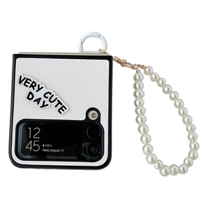 Samsung Z Flip 6 white leather case with pearl wrist strap and Very Cute Day lettering